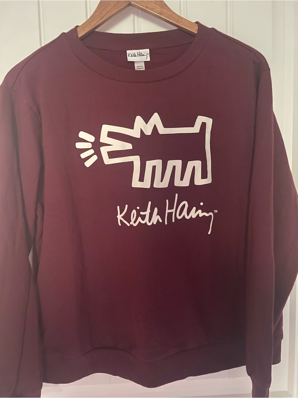 Keith Haring Burgundy Barking Dog Graphic Crewneck Sweatshirt M